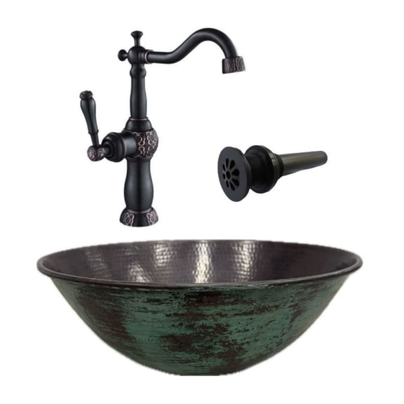 14" Copper Vessel Bath Sink with Green Patina Faucet & Drain Included