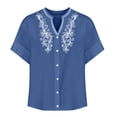 thumbnail image 4 of Qwertyu Linen Shirts for Women Spring Summer Casual Short Sleeve Embroidered Boho Tops Loose Fit Button Down Blouses Trendy Dressy V Neck Work Shirts Blue M, 4 of 6