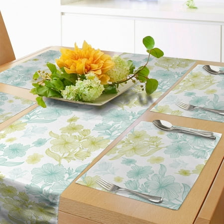 

Retro Table Runner & Placemats Pastel Colored Floral Arrangement with Line Art Inspiration Abstract Nature Set for Dining Table Placemat 4 pcs + Runner 16 x72 Pale Blue Pale Green by Ambesonne