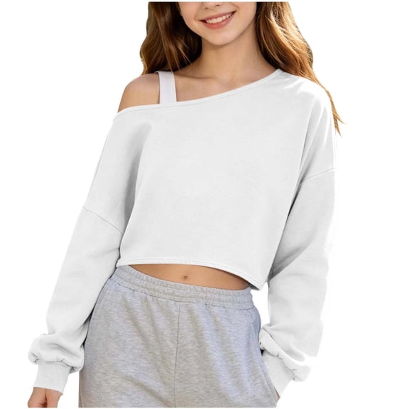 SERTGUTR Girls Off Shoulder Top One Strap Long Sleeve Drop Shoulder Crop Sweatshirt Casual Trendy Teen Pullover