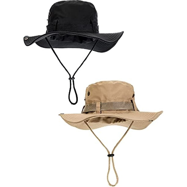 2 Pieces Cotton Safari Hat Wide Brim Fishing Cap Foldable Boonie Hat Double  Sided Outdoor Sun Hat for Men and Women (Black, Khaki) 