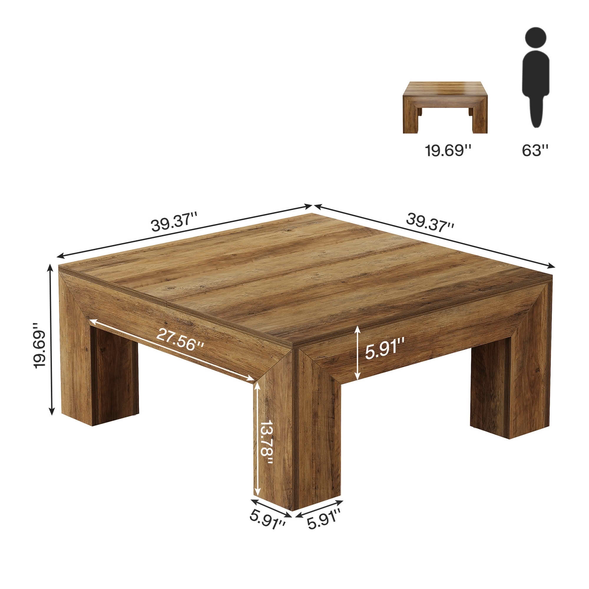 MAYEETY 39 Inch Farmhouse Square Wooden Coffee Table Living Room Center Table