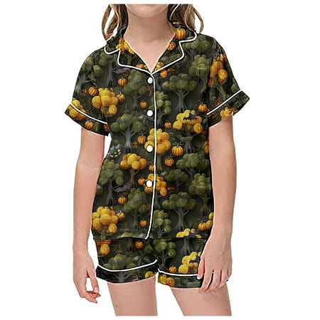 

REDARER Clearance Halloween 2 Piece Sets Pajamas for Kids Children Graphic Print Short Sleeve Button Shirt Shorts Pajama Set Halloween Costumes Woman 2024 Yellow 8-9 Years