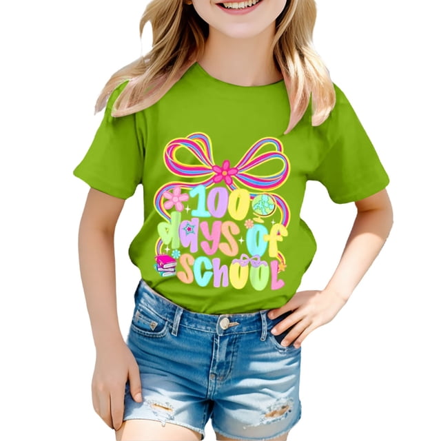 Rhuody Tops For Girls Short Sleeve T Shirt Round Neck Cartoon Prints Tee Tops Simple Summer Wear 4-5 Years Green