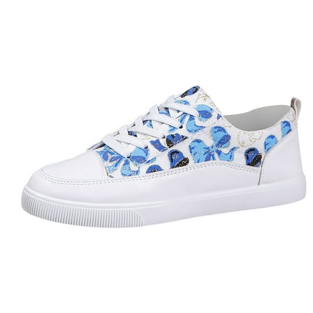 QYZEU Ladies Sneakers Ladies Flip Flops 2024 Spring and Autumn Single Shoes Printed Breathable Shoes Low Cut Lace Up Casual Large Shoes Flat Shoes Blue 40