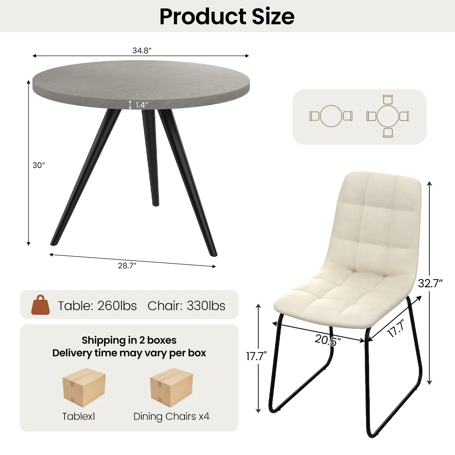34.8" Round Dining Table Set for 4,5 Piece Mid-Century Modern Dining Set with 4 Upholstered Dining Chairs,Leisure Coffee Table for Kitchen Dining Room, Save Space