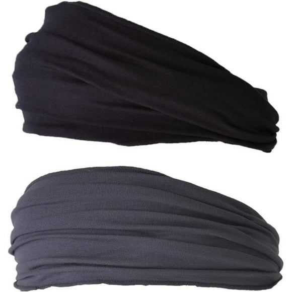 shiyou-Mens Elastic Running Bandana Headband - Womens Japanese Long Hair Dreads Head Wrap Black & Dark Gray 2-Pack