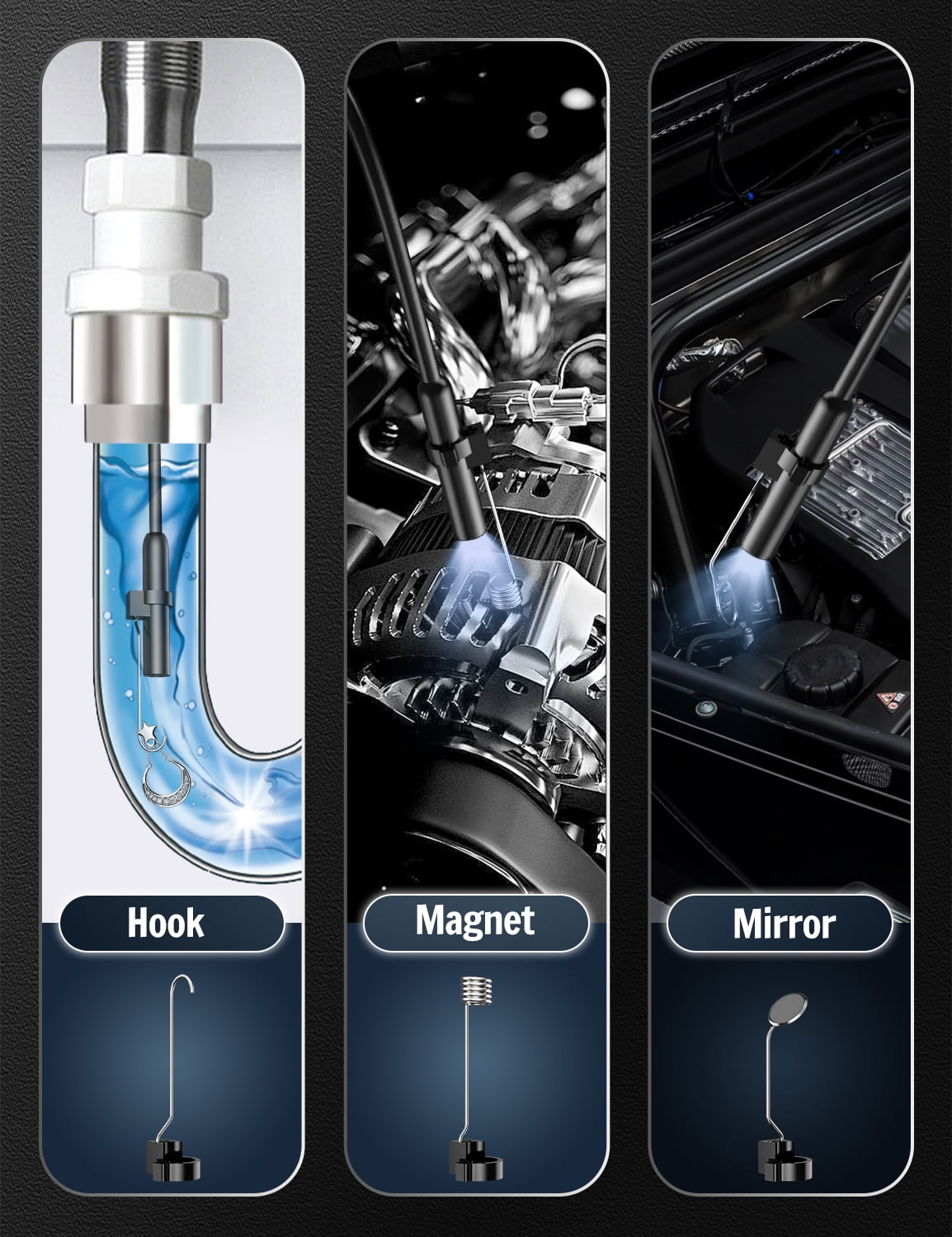 Endoscope 1920P HD IP67 Lens with 8 LED Lights Inspection Camera Semi-Rigid Cable (16.5 FT/5M)