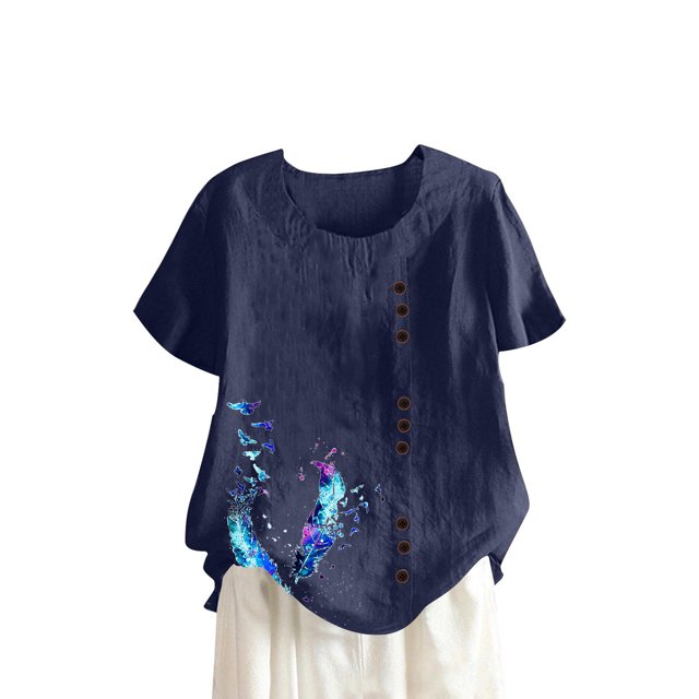 Camisetas de Manga Corta para las Mujeres Botón de Impresión Casual Cuello Redondo Camiseta Superior, Blusas para las Mujeres Casual