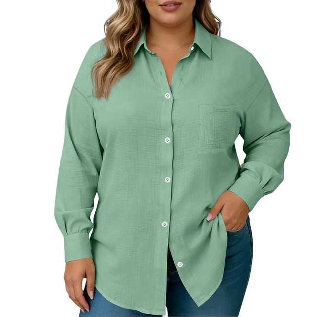 HongQid Women Plus Size Button Down Long Sleeve Shirts Collared Summer Blouse Casual Tops with Pockets