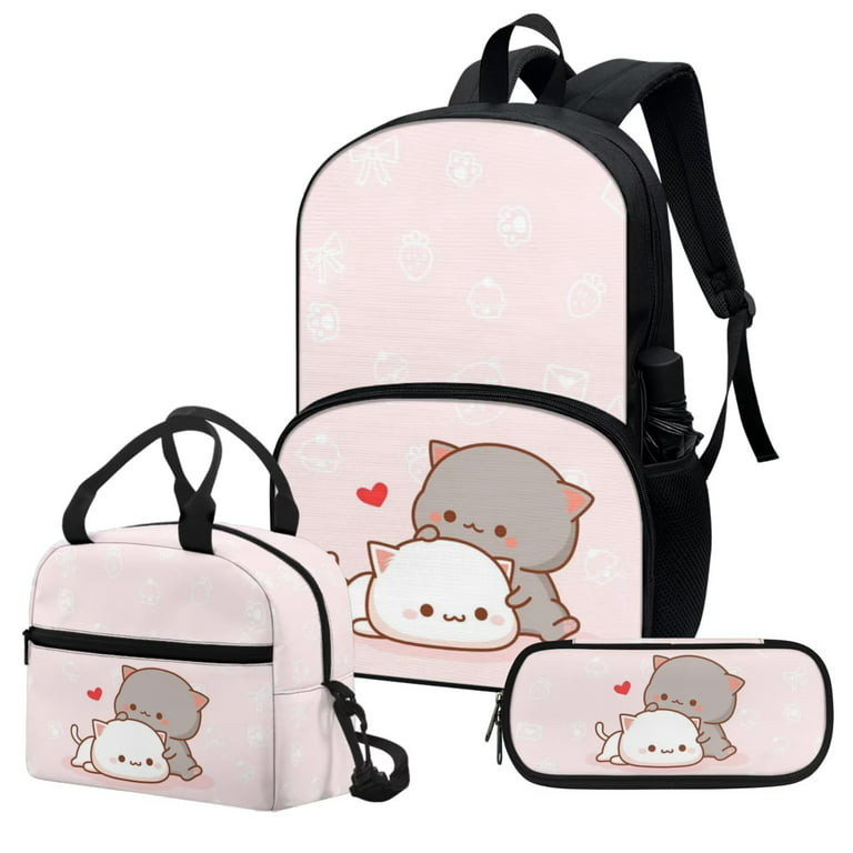Fkelyi Pink Kitten Cat Bookbag and Lunch Bag Set for Girls Elementary School Backpack 17 inch Back Pack Kids School Bag Lunch Box Bento Pencil Case