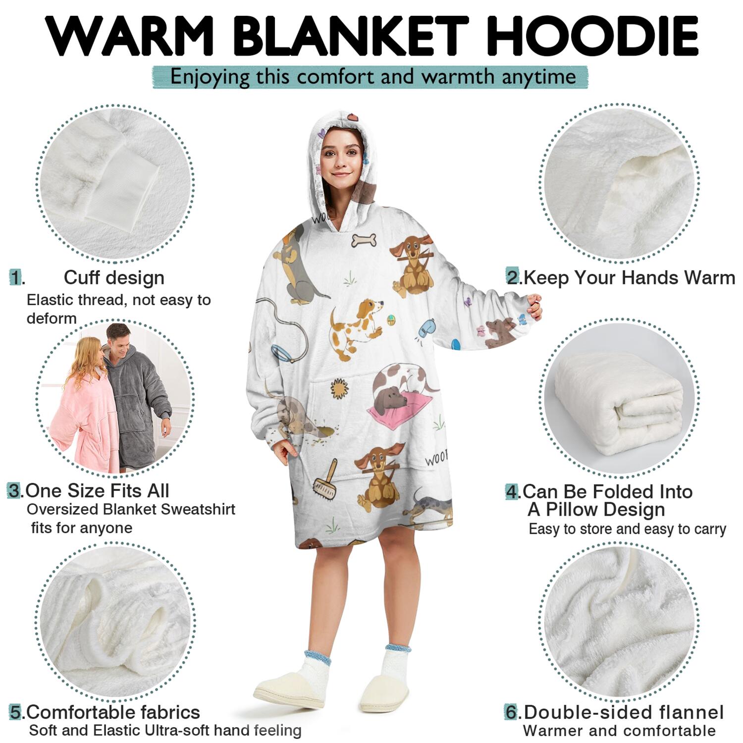 Wearable Oversized Blanket,Cartoon Dachshund Wearable Blanket Hoodie for Adults,Cozy Hooded Blankets with Super Pockets,Super Warm Fuzzy Pullover for Women & Men