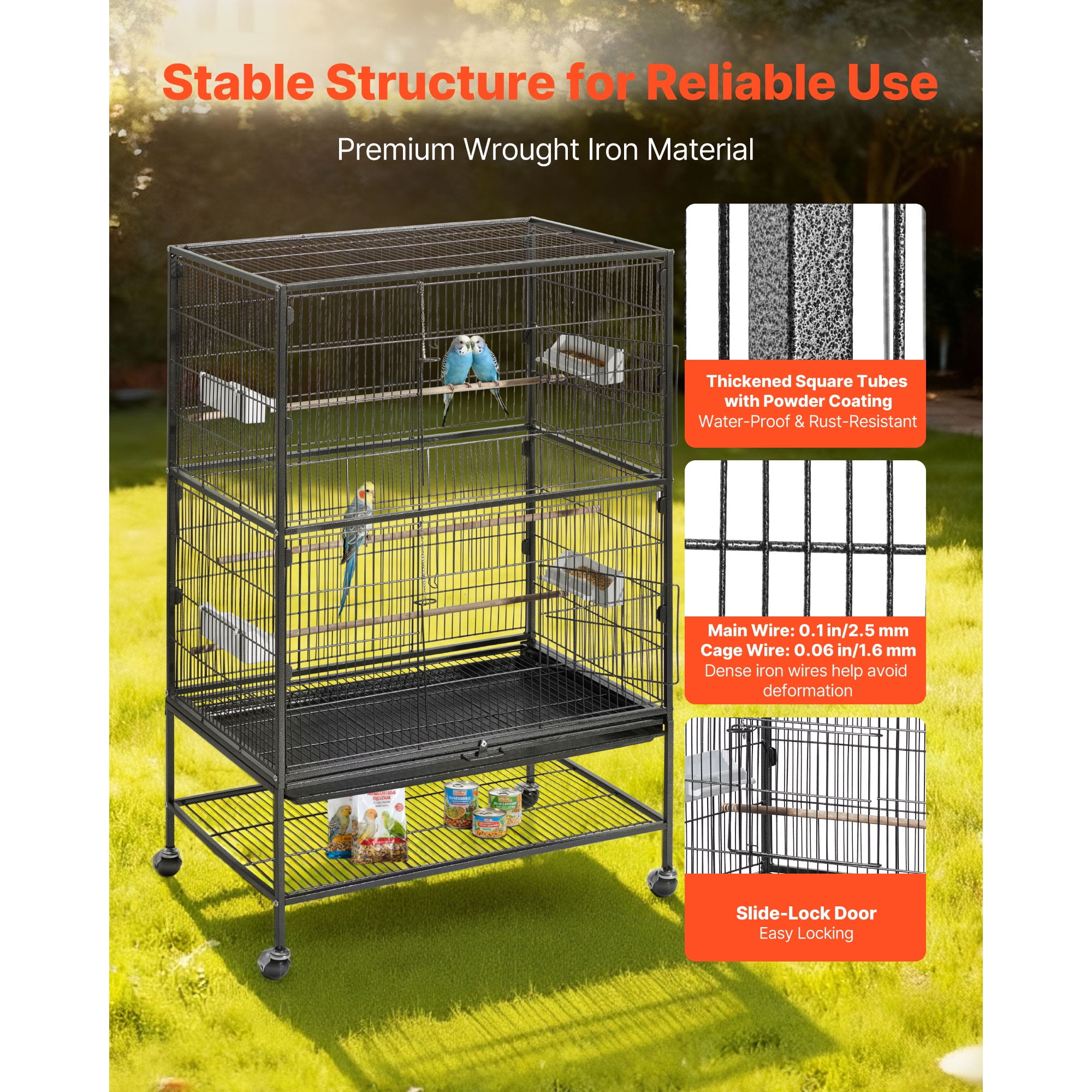 KFFKFF Bird Cage, 31.5 x 20.5 x 52 inch, Flat Top, Durable Wrought Iron Design with Perches, Removable Tray, Plastic Feeders, and Casters, Suitable for Parrot, Blue Tit, Cockatiel, Canary