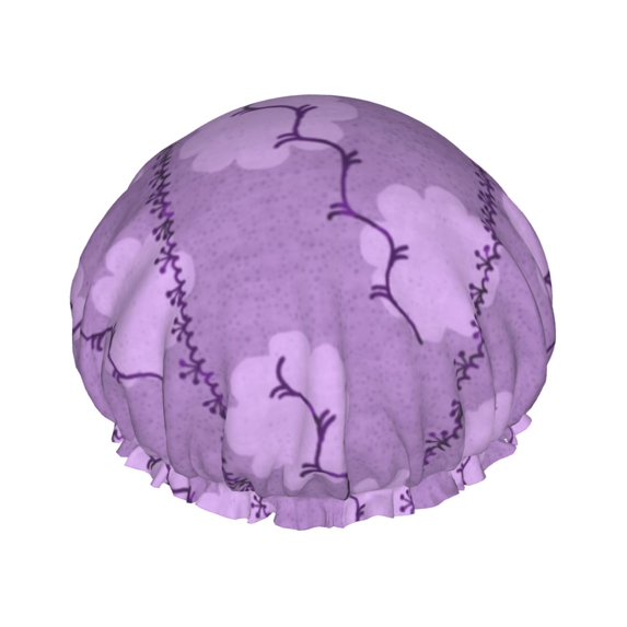 YFYANG Women's Double Waterproof Shower Cap, Purple Floral Stripes Reusable Hair Cap for All Hair Styles and Head Sizes
