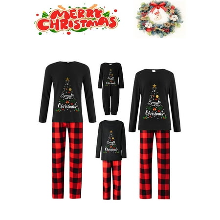

Matching Family Christmas Pajamas Sets Merry Christmas String Lights Print T-shirt Plaid Pants Sleepwear Outfits for Couples Baby