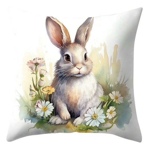 Aooww Linen Easter Pillow Cover with Bunny and Flower Prints for Living Room Sofa and Home Decoration,B