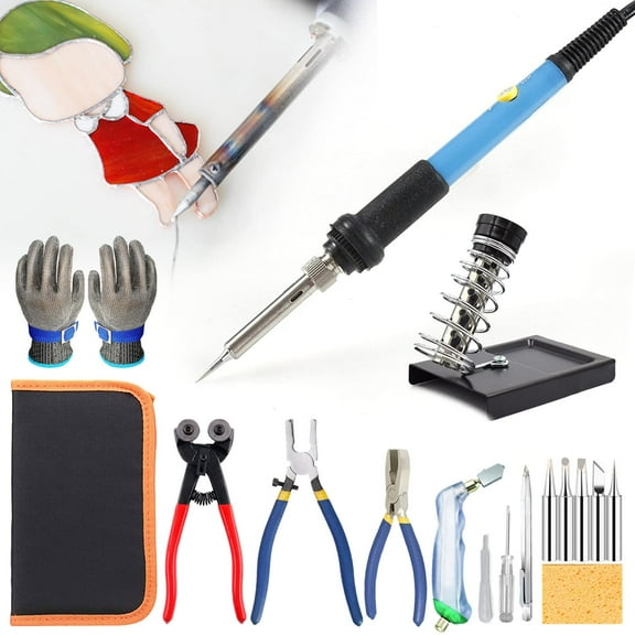 Stained Glass Kit,18pcs Professional Stained Glass Start Up Set,Glass Cutter Tool Kit&Soldering Iron Kit,for Glass Craft Enthusiasts And Beginners,with Tool Bag/Work Glov