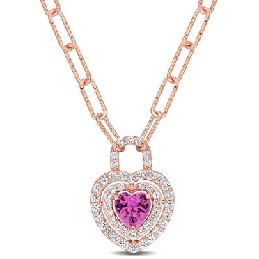 Miabella 1-3/4ct TGW Created Pink Sapphire & Created White Sapphire Double Halo Heart Lock Necklace in Rose Plated Sterling Silver