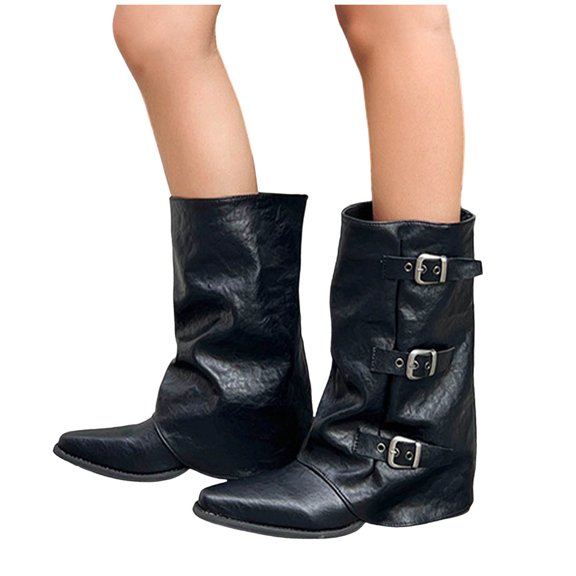 Women Slouchy Mid Calf Boots Casual Pointed Toe Pull On Boots Fold Over Metal Buckle Comfortable Boots Low Heeled Fall Winter Fashion Boots
