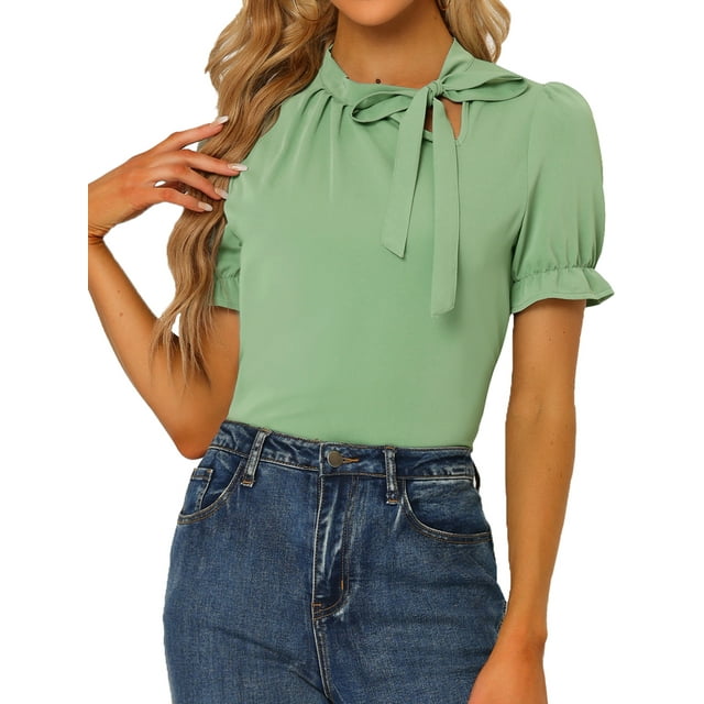 Top Elegante De BluDe ManCorDe OficiDe Las Camisas Del Cuello De PajariDe Las Mujeres Verde Gris L