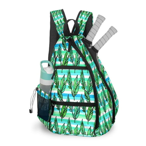 Pickleball Bag with Padded Back, Green Leaves Multi-Compartment Paddle Backpack, Lightweight Nylon Sports Bag for Men & Women