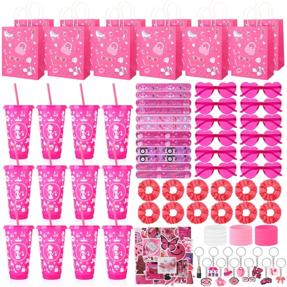 sixwipe 134 Pcs Princess Party Favor Set, Pink Birthday Party Supplies, Treat Box Stuffers Include Customized Plastic Tumblers, Sunglass, Bracelets, Hair Ties for Girl Birthday Supplies