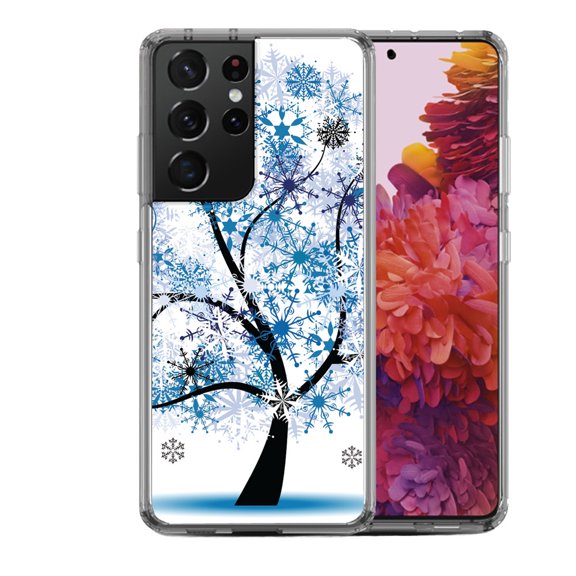 Shockproof Hybrid Bumper Phone Case for Samsung Galaxy S21 Ultra, by OneToughShield ® - Snowflakes Tree