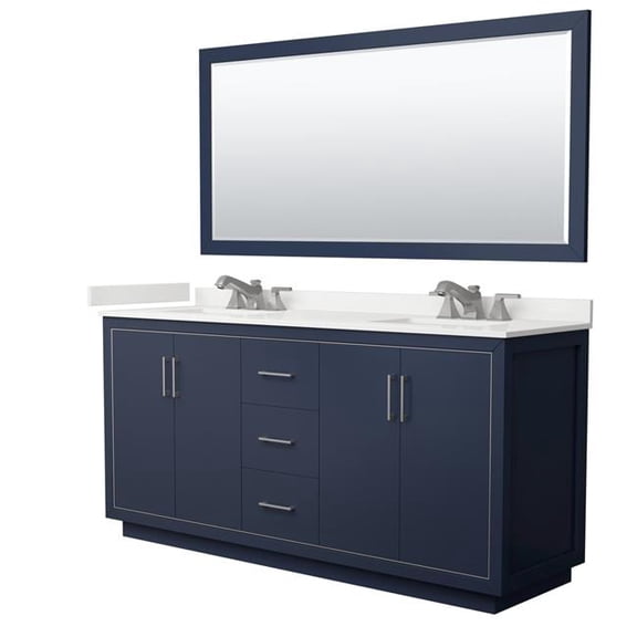 Icon WCF111172DBNWQUS3M70 72 in. Double Bathroom Vanity in Dark Blue with White Quartz Countertop Undermount Square Sinks 3-Hole & Brushed Nickel Trim - 70 in. Mirror