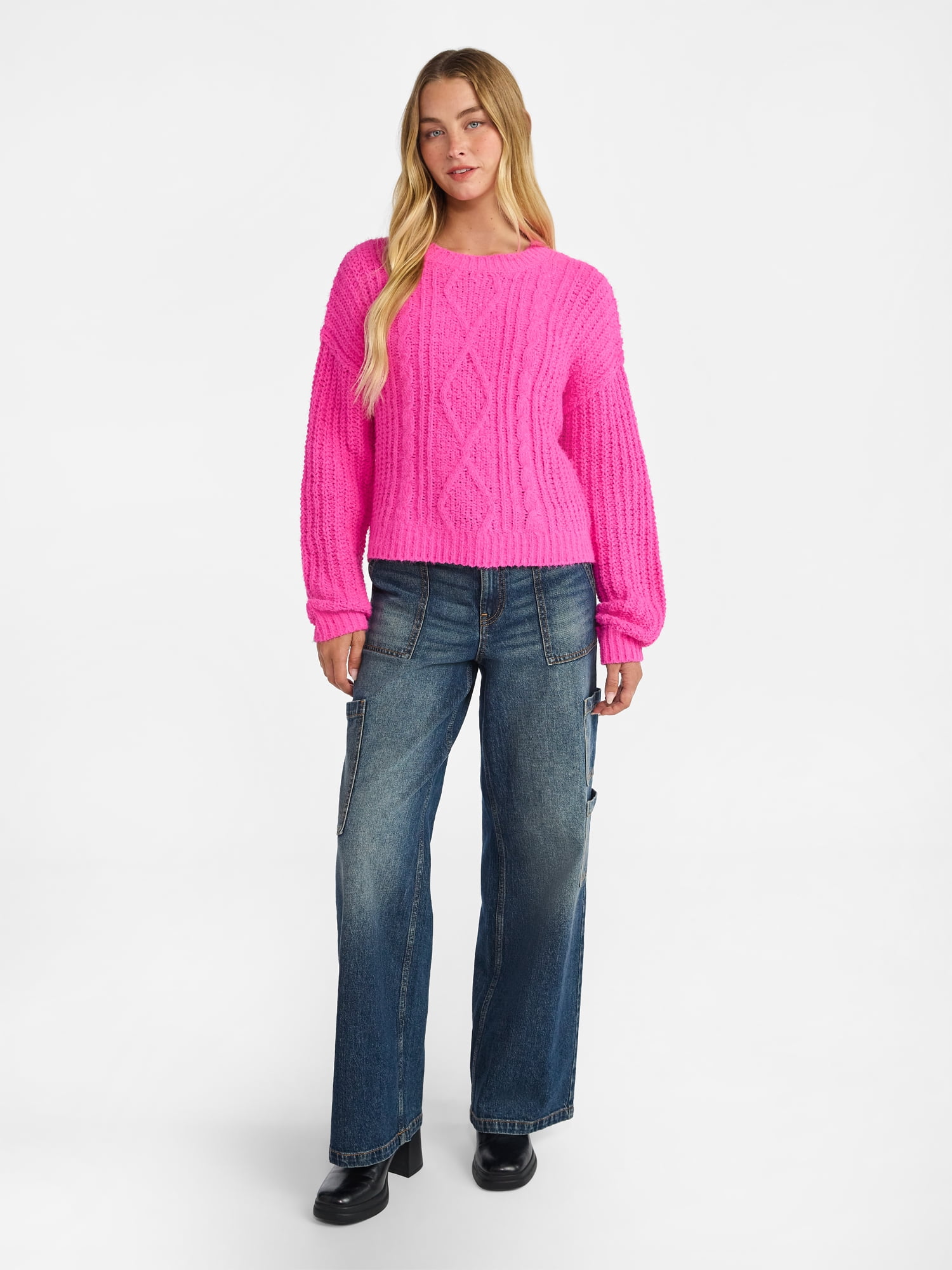 No Boundaries Cable Knit Sweater, Midweight, Women's