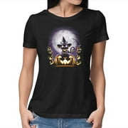 TeeFury Women's Graphic T-shirt Witch-Cat Night - Cat | Halloween | Black | 3XL