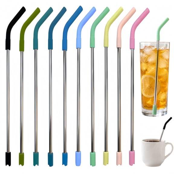 10 Pack Stainless Steel Drinking Straws with Soft Silicone Mouthpieces, Bendable Reusable Metal Straws, Comfort Silicone Tip Protect Lips for Tumblers, Smoothies & Coffee Drinks