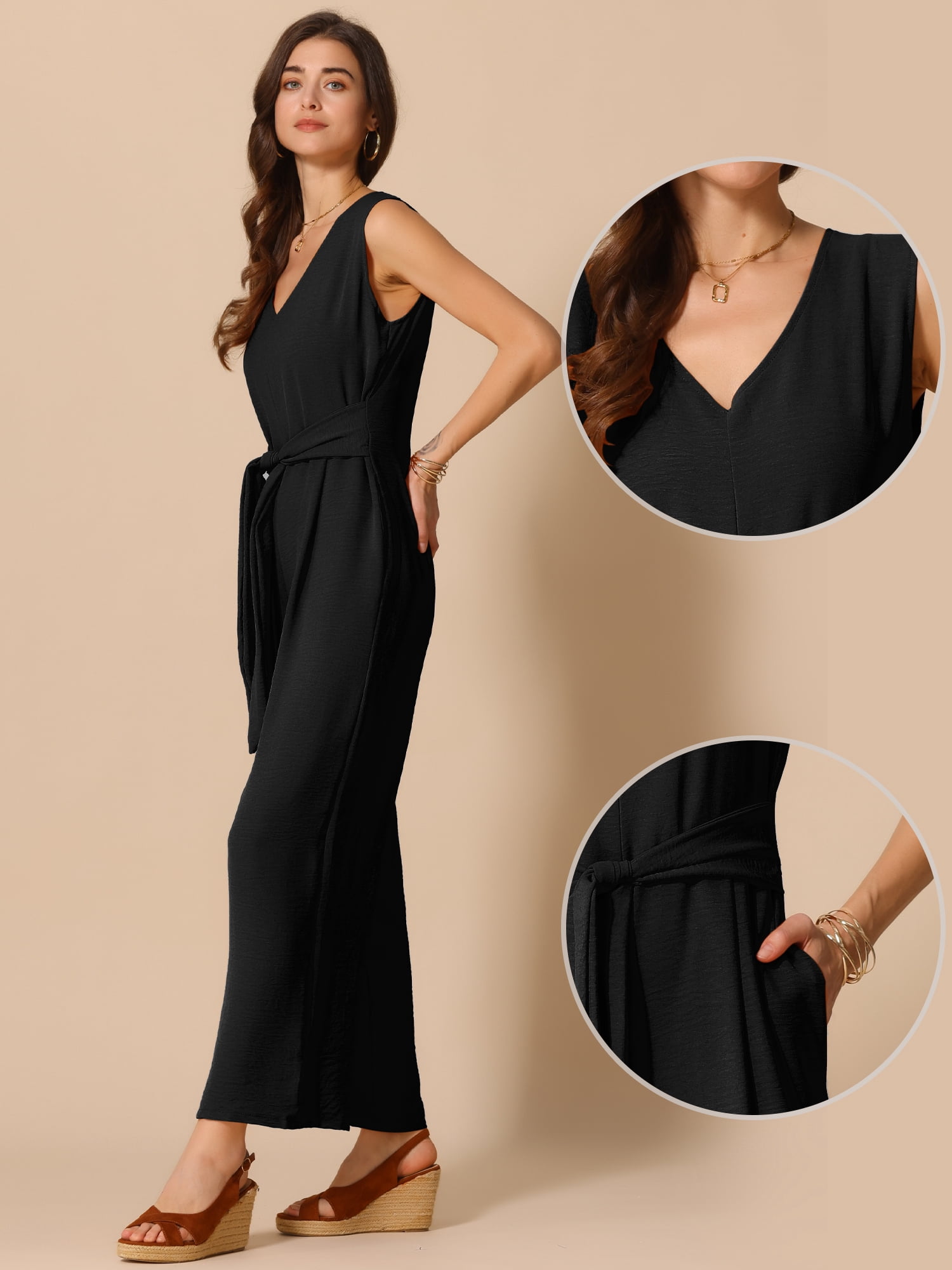 DARING DIVA Women's V Neck Casual Sleeveless Wide Leg Jumpsuit L Black