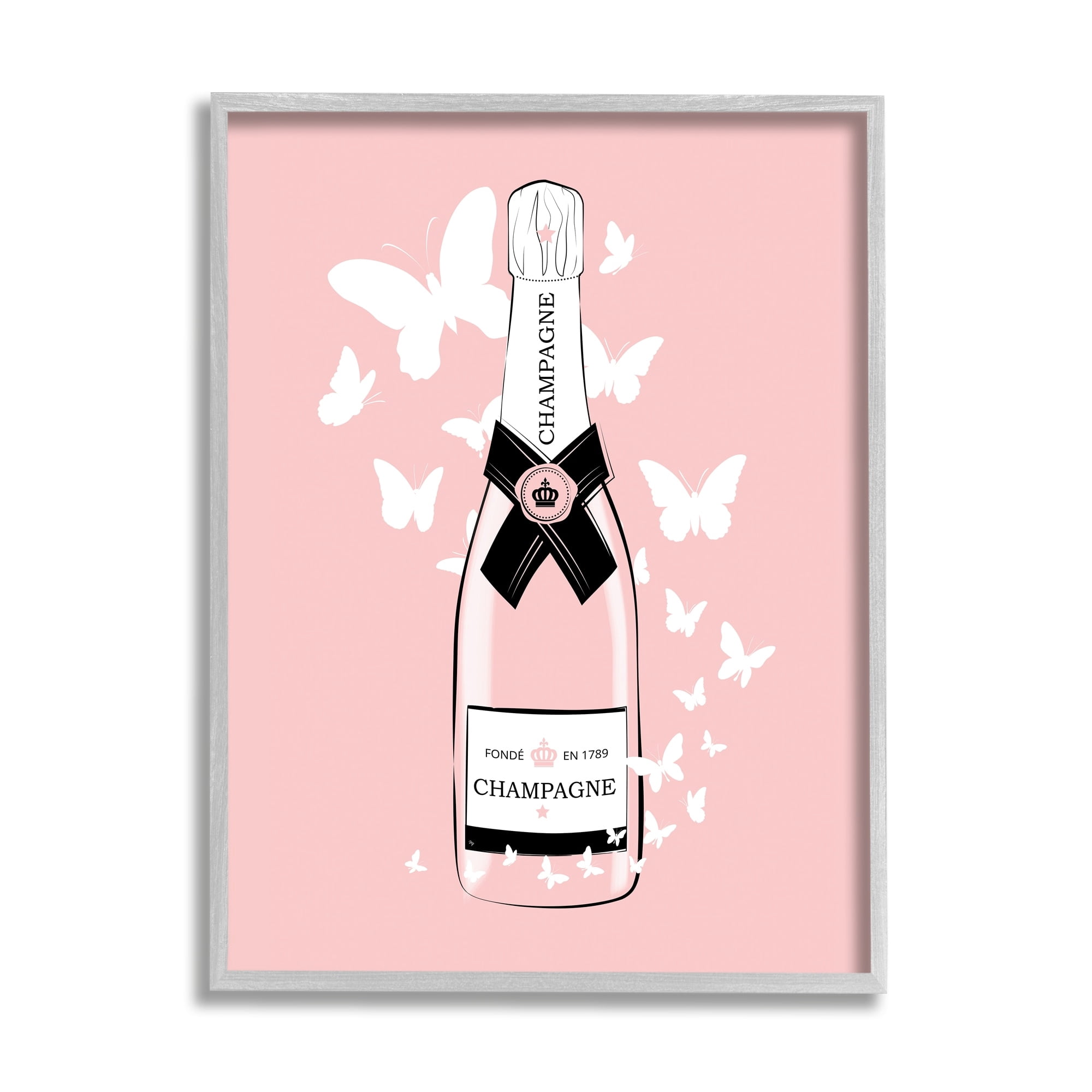 Stupell Industries Pastel Fluttering Butterflies Chic Pink Champagne Bottle Graphic Art Gray Framed Art Print Wall Art, Design by Martina Pavlova