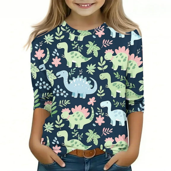 Spazoro Toddler Girls 3/4 Sleeve Shirts, Dinosaur Print Spring and Fall Casual Round Neck Fashionable Tops for Girls Multicolor Size 3-4T