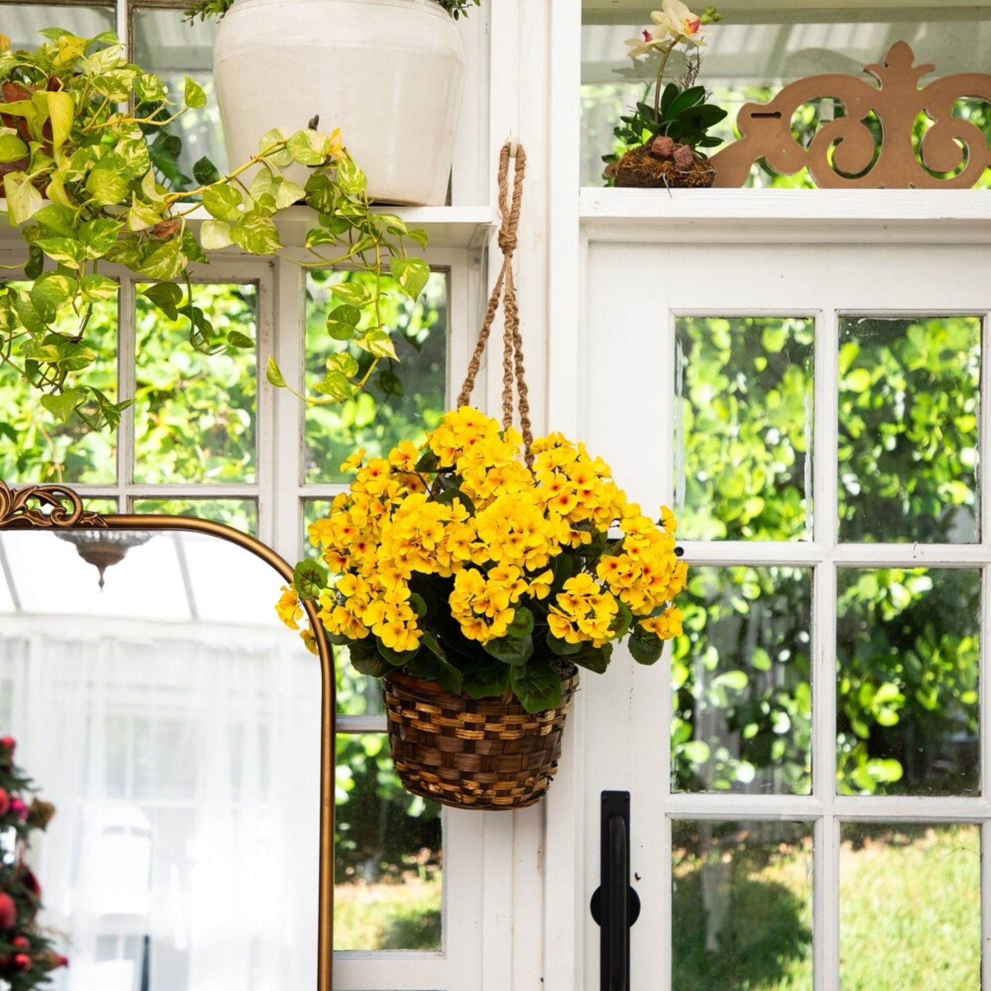 Nearly Natural UV Resistant Outdoor Artificial Geranium Plant in Hanging Basket - 19" - Yellow