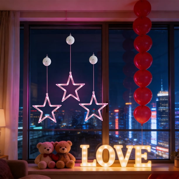 Luzes de Cuerda Led Al Aire Libre Cortina de Corazón Rosa Impermeable 3Pc 7.87x7.87x1.96In, Luces de Cuerda Led en el Interior, Copa de Succión para la Decoración de la Boda