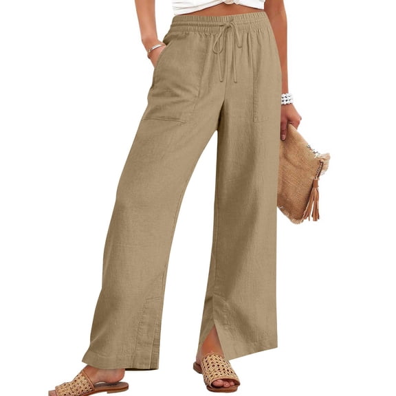 Nestiefly Linen Pants for Women Cotton Casual Summer Wide Leg Drawstring Elastic Trousers Side Split Beach Vacation Clothes Khaki 2XL
