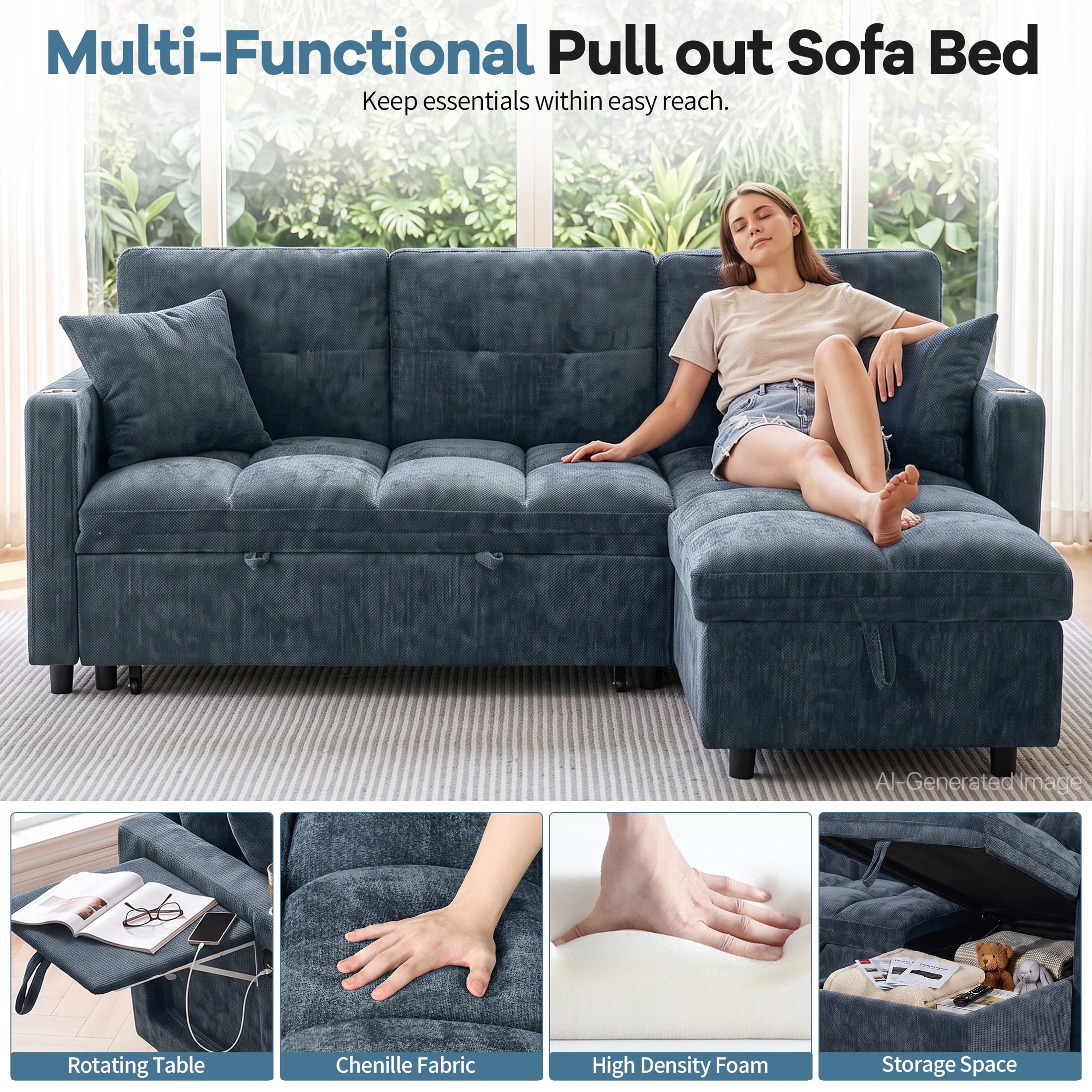 Aenkyo 82" Chenille L-Shaped Sectional Pull Out Sofa Bed with Storage Chaise & Side Table, Blue