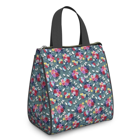 Pioneer Flower Floral Print Pattern Insulated Lunch Bag for Women Men, Large Portable Soft Cooler Tote, Thermal Food Storage Bag with Pearl Cotton, 8.66L, 8.75"x5.75"x9.5"