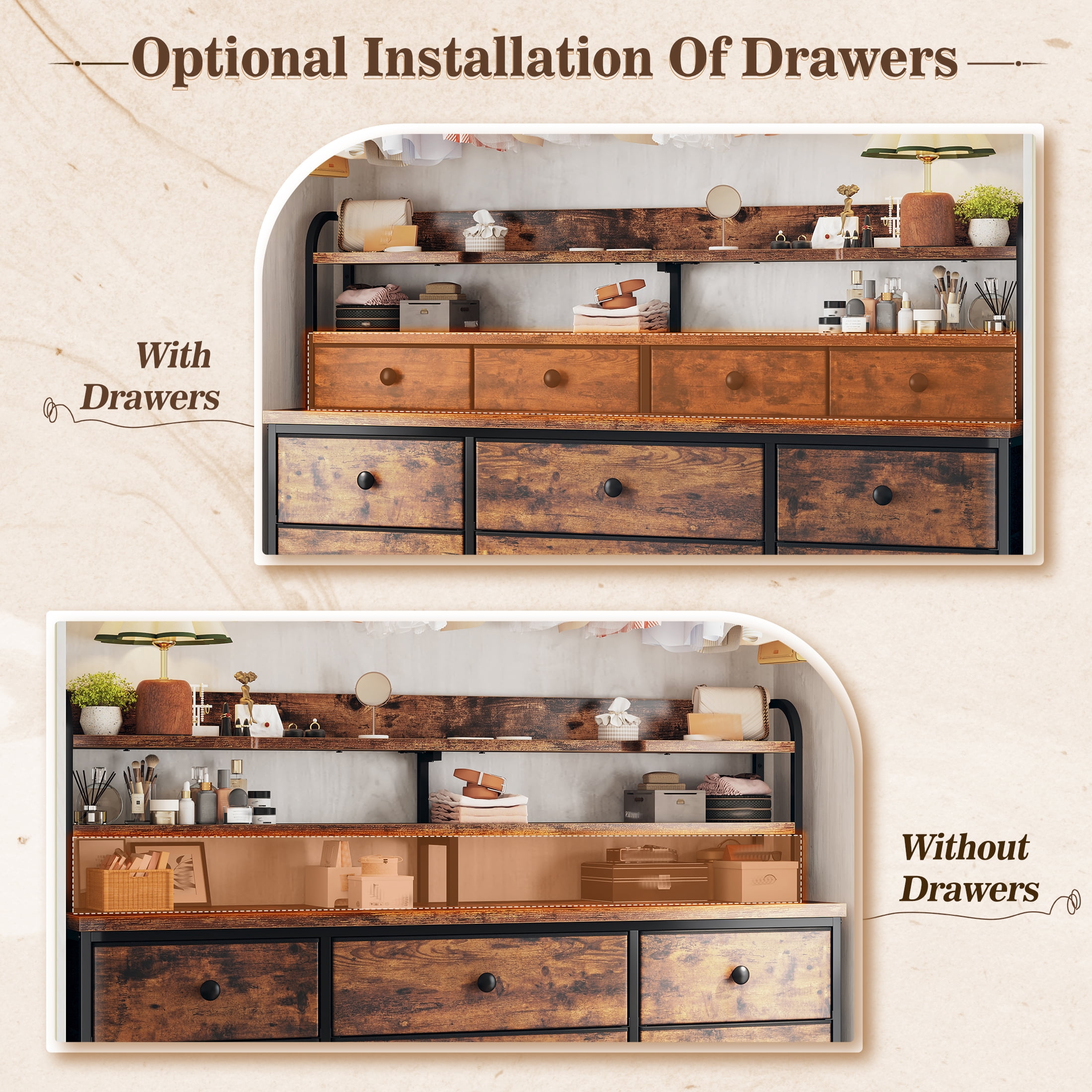 Dresser for Bedroom Long Dresser with 13 Fabric Drawers and Shelves for Closet with LED Light, Rustic Brown