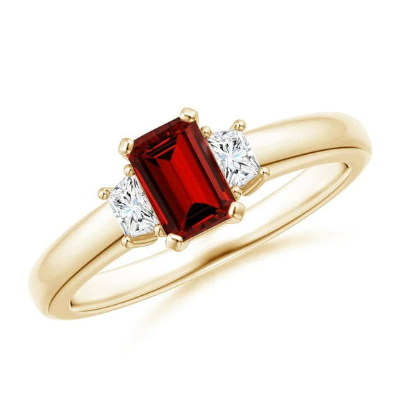 ANGARA Lab Grown Ruby and Lab Diamond Three Stone Ring for Women in 14K Yellow Gold (Size-6x4mm) | July Birthstone Jewelry for Her | Lab-Grown Ruby Engagement Rings