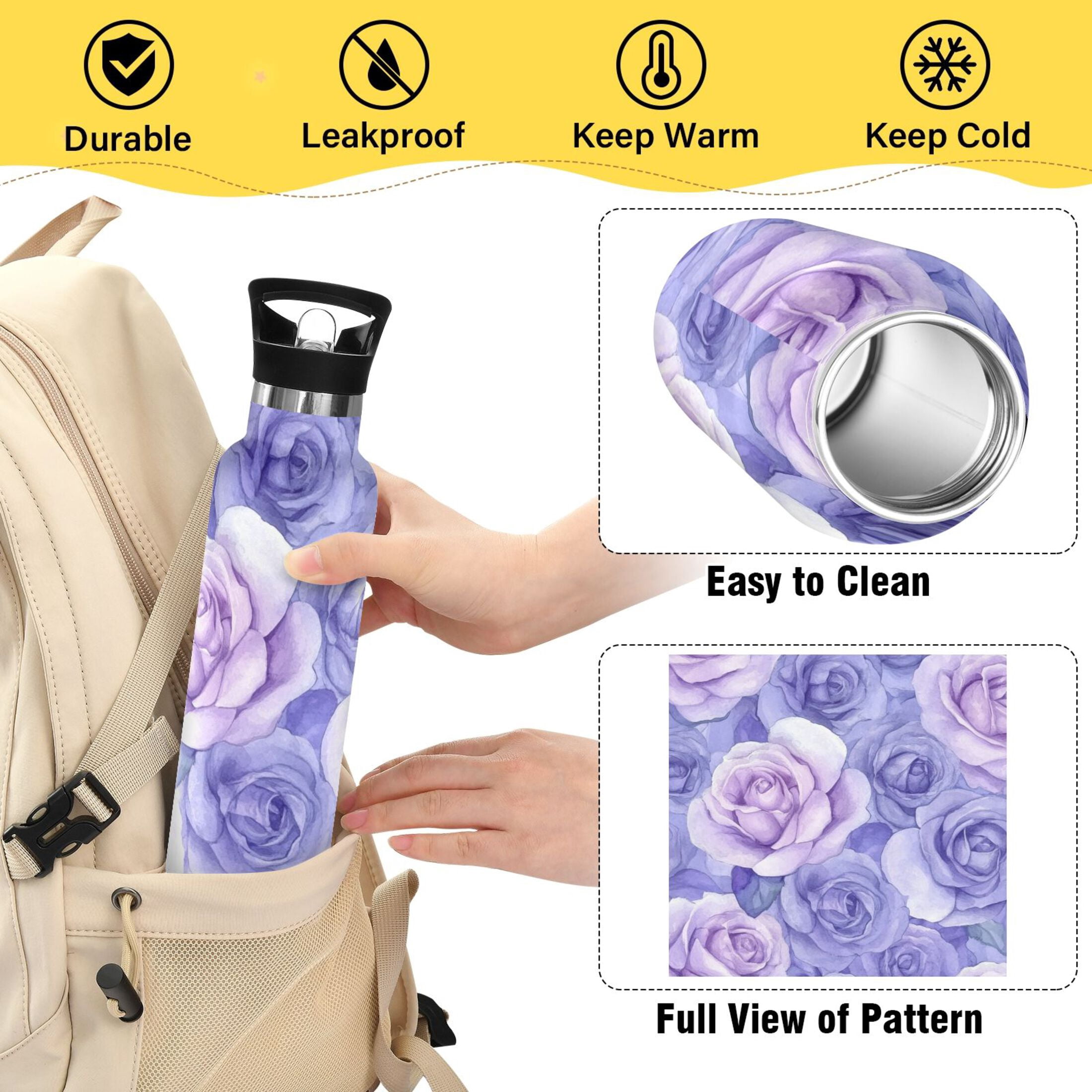 600ML Stainless Steel Insulated Cup Sports Water Bottle Portable Thermos Cup Water Glasses Insulated Tumblers Convenient and Durable Cartoon Purple Roses Seamless