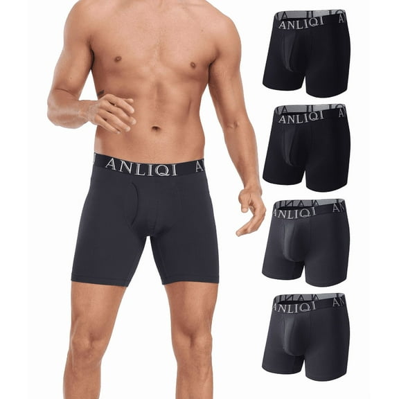 ANLIQI Mens Underwear Bamboo Rayon Boxer Briefs Breathable Underwear Long Leg Boxer Briefs for Men Pack with Fly Underpants(2Black 2Gray,L)