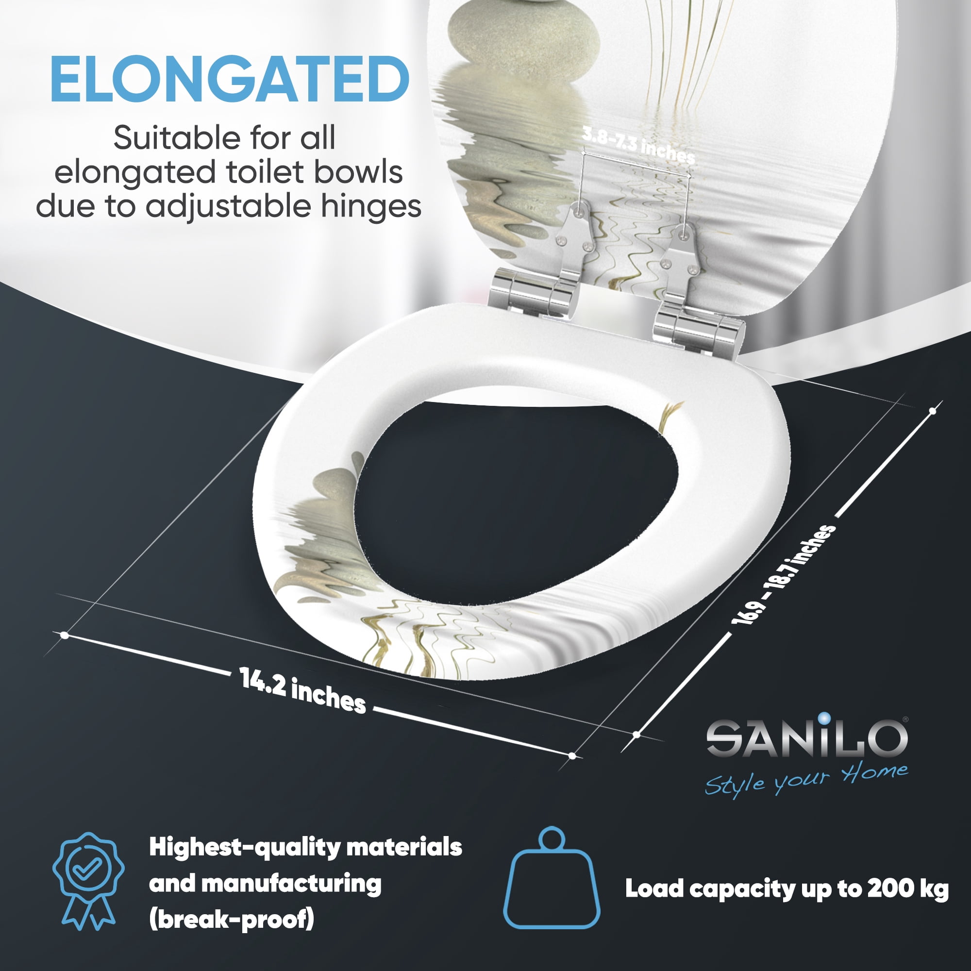 Sanilo Soft Close Toilet Seat ELONGATED, Quiet and Slow Close Lid and Seat, Strong Bumpers and Hinges, Balance