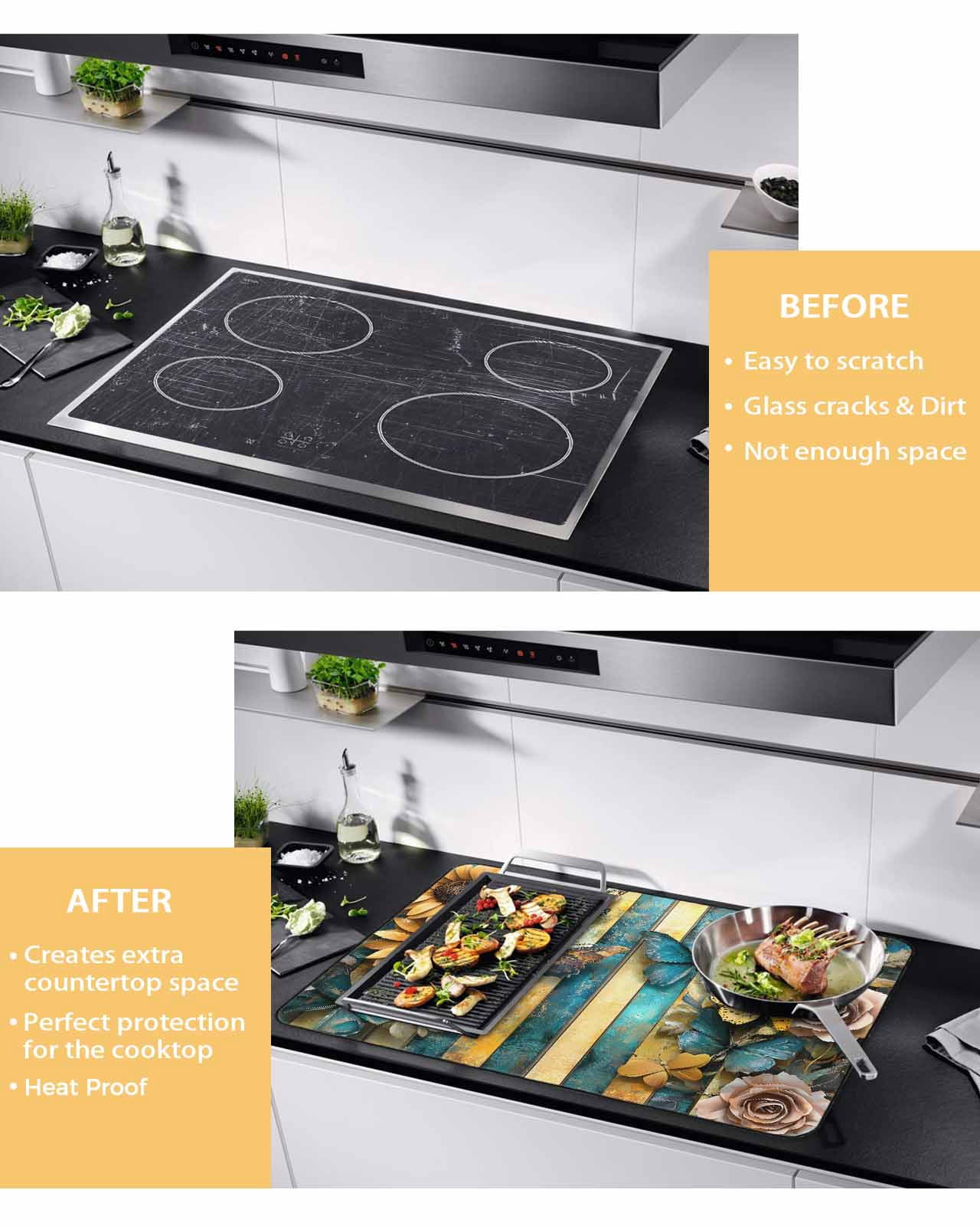 nqOlkjepod Large Induction Cooktop Protector Mat 24"x21", Butterfly Flower Stove Top Covers for Electric Stove, Yellow Teal Vertical Striped Vintage Stove Burner Cover Mats, Glass Top Stove Cover