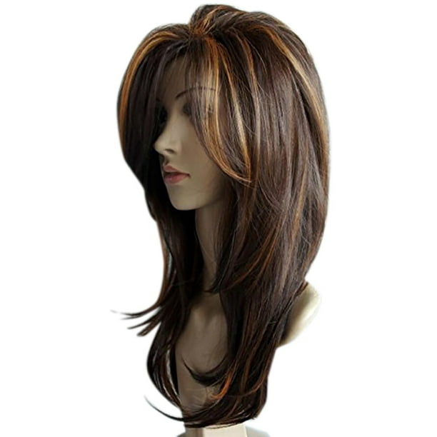 nomeni Long Layered Shoulder Length wig light brown wig Synthetic Hair  Fiber Highlight Multicolor Wigs for White Women 