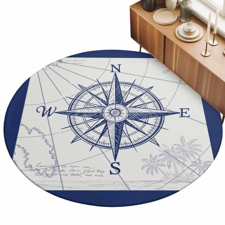 Retro Compass Area Rugs 5 (Round) Navigation Blue Lines Art Classic Floor Rug Non Slip Low Pile Ultra Soft Throw Carpet for Entryway Indoor Entrance Kitchen Bathroom