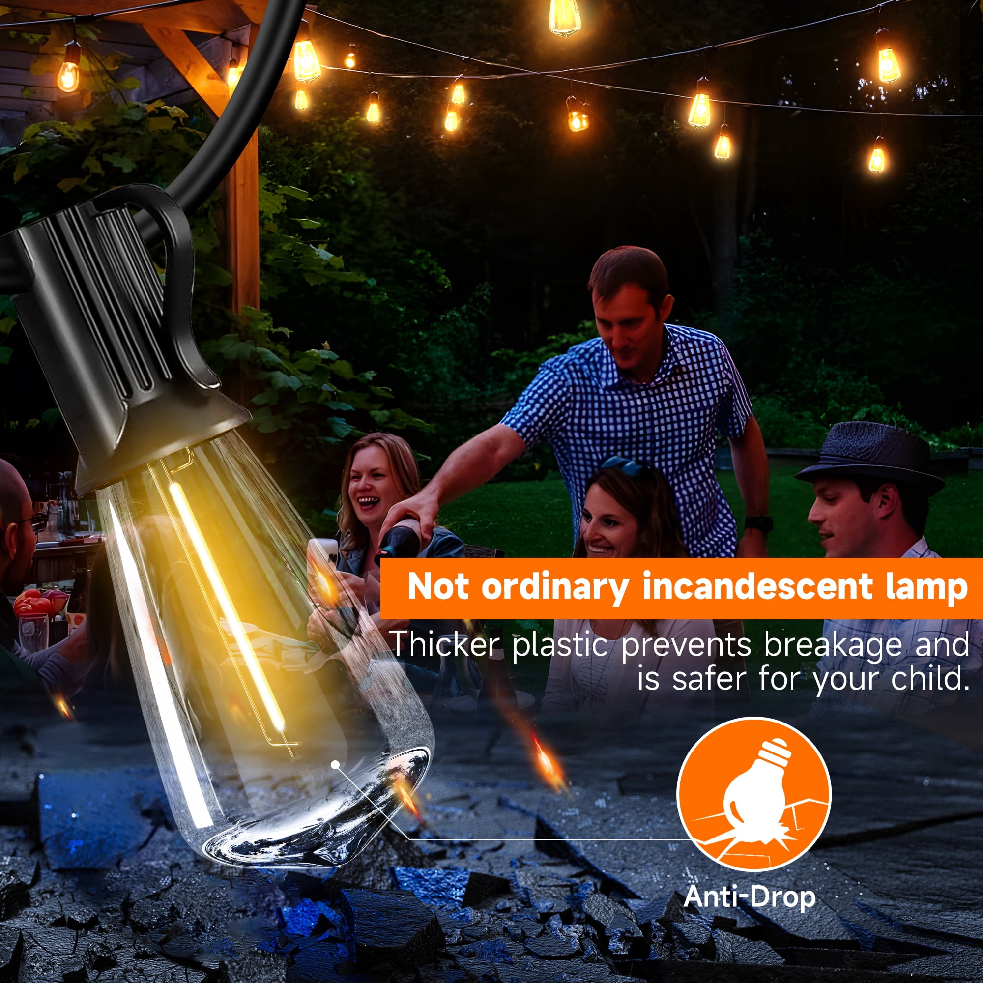 DAYBETTER Solar Outdoor String Lights，100FT Waterproof ST38 Hanging Patio Lights for Yard 25 Bulbs