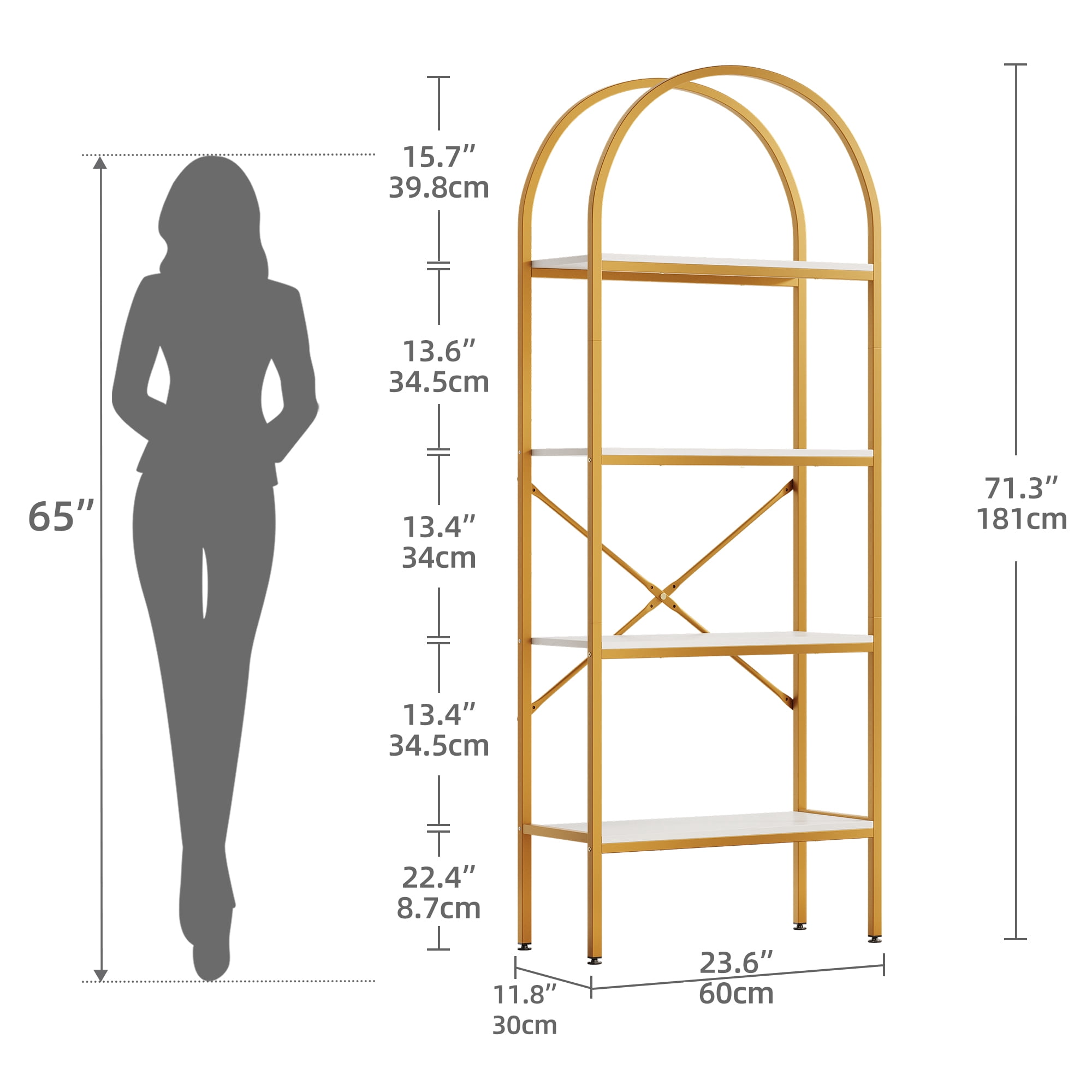 Dextrus 4 Tier Arched Bookshelf and Bookcase, Gold Modern Open Book Shelf, Mental Frame Storage Display Rack Shelves Organizer for Bedroom Living Room Office White& Gold