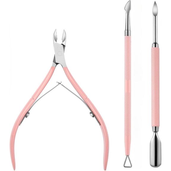 Cuticle Trimmer and Pusher Set–3 PCS Professional Cuticle Nipper,Stainless Steel Dual-End Cuticle Pusher & Nail Scraper for Manicure Pedicure, Pink Cuticle Remover Tools